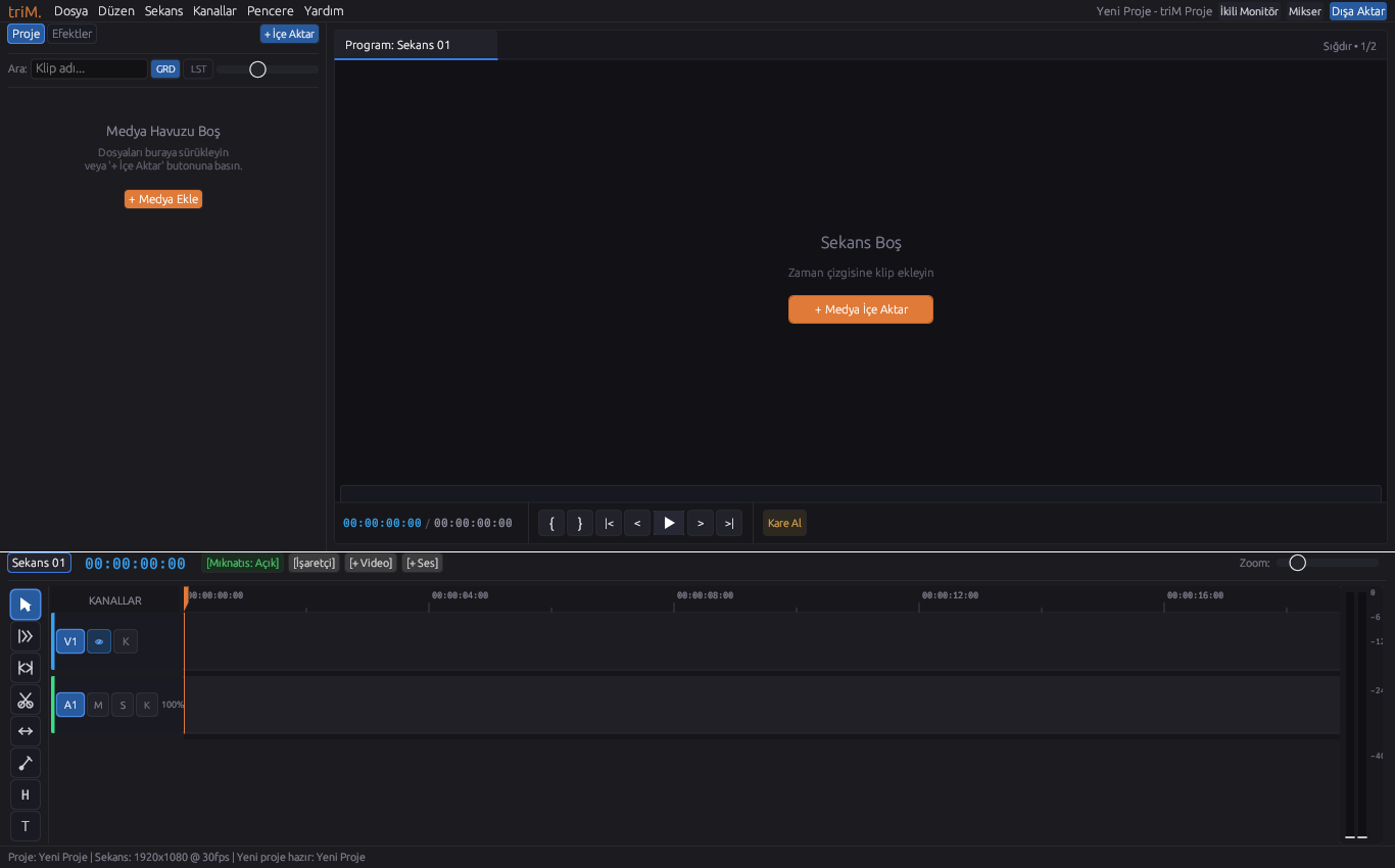 triM. gerçek video düzenleme arayüzü, zaman çizgisi ve önizleme